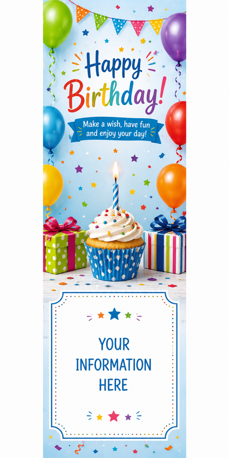 Colorful kids Happy Birthday personalized bookmark with balloons, stars, cupcake, gifts, and custom information panel – 2.75 x 8.5 inches