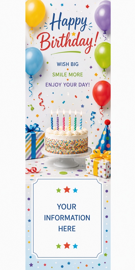 Bright kids Happy Birthday personalized bookmark with balloons, birthday cake, party hats, gifts, confetti, and custom information panel – 2.75 x 8.5 inches