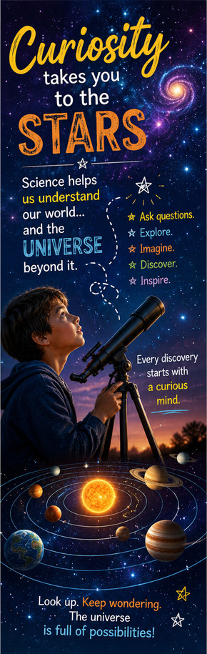 Curiosity Takes You to the Stars personalized astronomy bookmark artwork – 2.75 x 8.5 inches