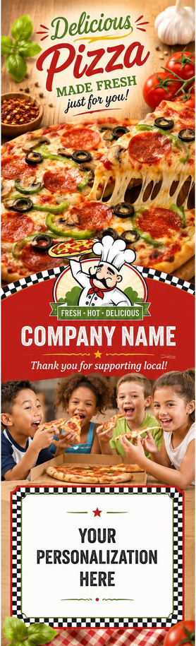 Pizzeria promotional bookmark with pizza, chef illustration, restaurant branding panel, and personalized information area