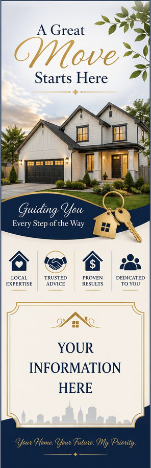 Real estate agent promotional bookmark with home, keys, client benefits, and personalized information panel