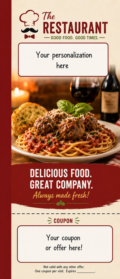 Restaurant coupon bookmark with spaghetti dinner, branding panel, and detachable coupon area