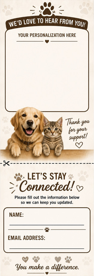 Front of animal rescue stay-in-touch bookmark with pet-interest checkboxes and thank-you message