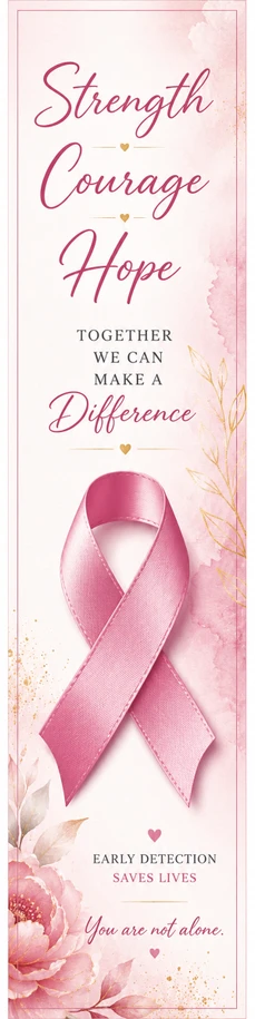 Front of breast cancer awareness bookmark featuring a pink ribbon and the words Strength, Courage, Hope.