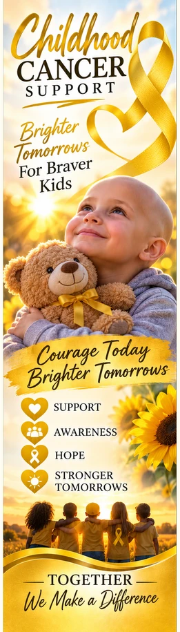 Childhood Cancer Support Brighter Tomorrows bookmark front, 2" x 7", featuring a gold ribbon, sunflower and teddy bear.