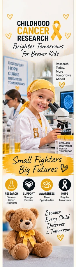 Small Fighters, Big Futures childhood cancer awareness bookmark front, 2" x 7", with gold ribbon, teddy bear and research artwork.