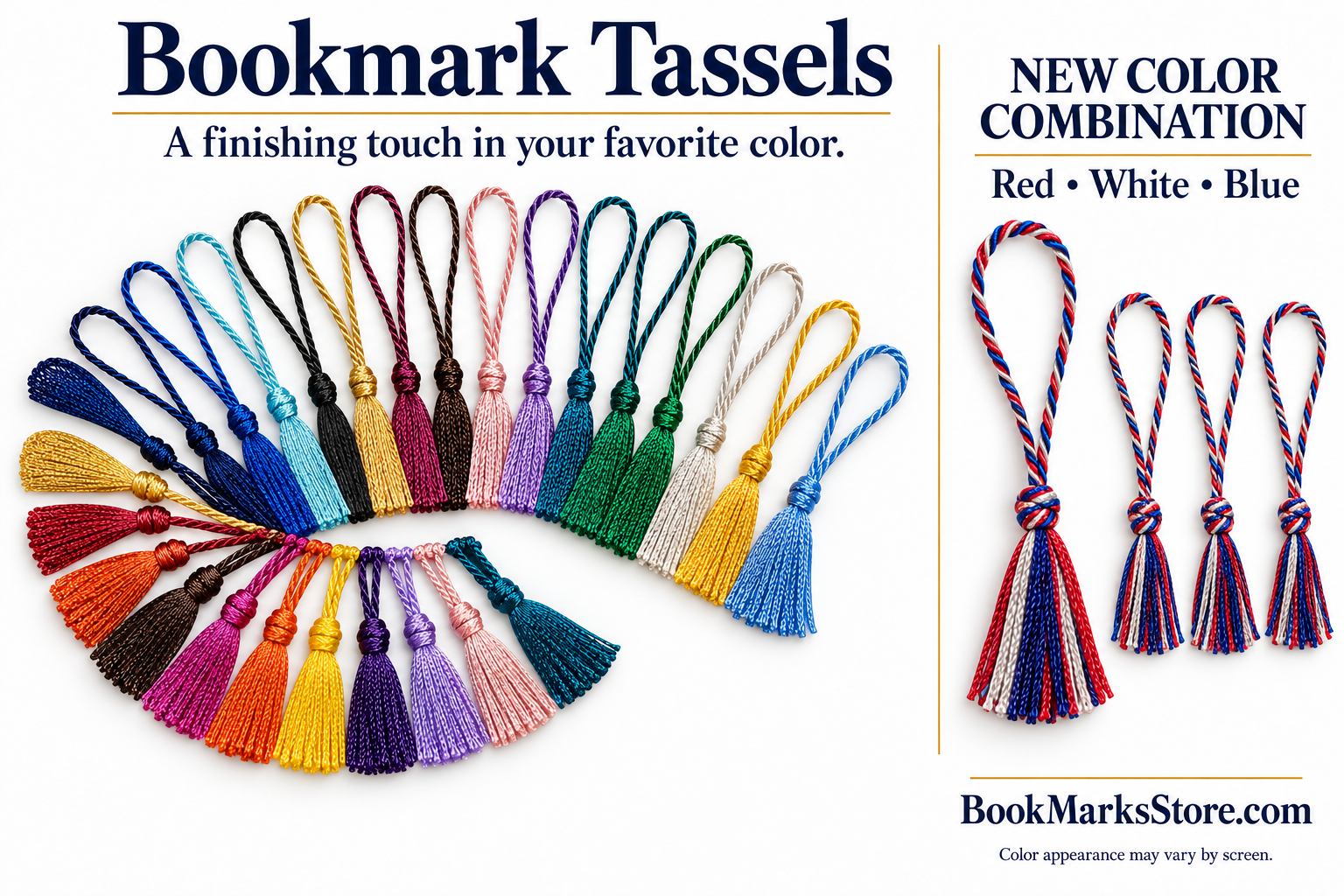 BookMarksStore.com Bookmark Tassels color display featuring the new red white and blue combination