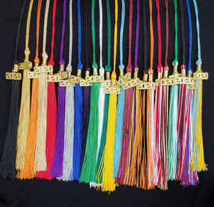 Graduation Tassel 16" long with 9.5" Tassel and 6.5" Loop. Includes Gold* Charm Clip and Year