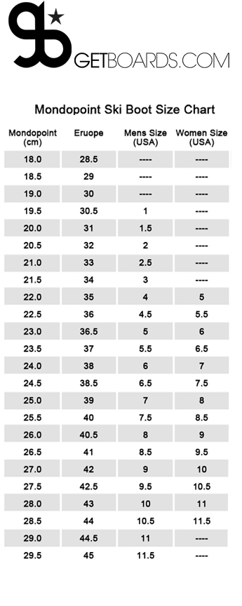 ski boot size chart