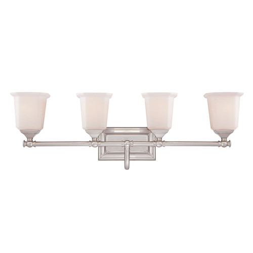 Quoizel Nicholas Four Light Bath Fixture in Brushed Nickel - NL8604BN Quoizel Nicholas Four Light Bath Fixture in Brushed Nickel - NL8604BN