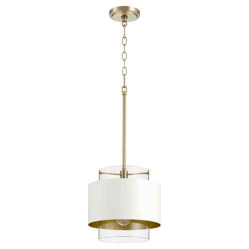 Quorum Glass Cylinder Drum Pendants One Light Pendant in Aged Brass w/ Studio White - 8012-0880