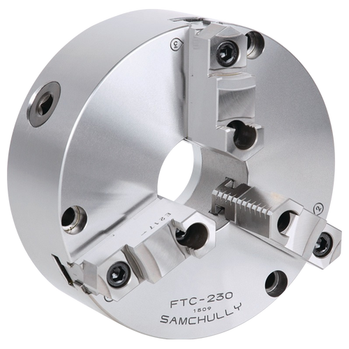 6.5" 3-Jaw, front-mounting scroll chuck with 2-piece jaws and set-rite concentricity feature; 45mm bore; 3 ~ 160mm external clamping range on diameter; 48mm ~ 150mm internal clamping range on diameter; 31KN maximum static gripping force; 4000 max rpm; includes one set of reversible hard jaws, soft jaws, and Haas 20-4347 adapter / A1-5 bolt hole pattern