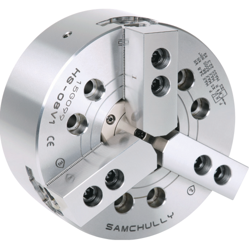 HS-06A05HA 6" 3-jaw high-speed, open-center hydraulic chuck with A2-5 adapter plate and M55x2.0 threaded draw nut; 169mm O.D.; 46mm bore; 15 ~ 169mm clamping range; 5.5mm jaw stroke on diameter; 12mm plunger stroke; 57KN maximum static gripping force; 1.5x60° master jaws serration; 6000 maximum rpm; standard equipment for Haas Automation ST-10, ST-10Y, SL-10