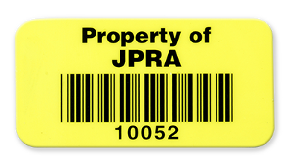 Ejemplo de Label de Inventario 1.5 x2 en Vinyl Amarillo con Barcode - Producto solo incluye barcode y numero consecutivo; Texto y Esquinas Redondas disponibles por un costo adicional. 
