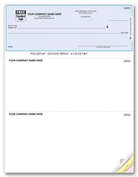 Ejemplo de cheque laser compatible con Quickbooks. Aeste modelo de cheque le puede imprimir su logo en dos colores standard: Ej: Negro y Rojo y Watermark en el cheque y talonario del medio. 