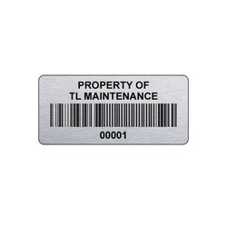 Labels de Inventario Metalicos 1.75" x 2.75" Silver Chrome Polyester Barcode con numero consecutivo en negro