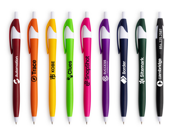 Bolígrafo Plastico Slim Push Button de Colores Variados con Barril y terminación en Blanco. 