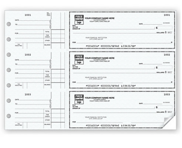 Cheque Comercial Manual 3 por pagina con voucher. Incluye logo y carpeta para poner los cheques. 