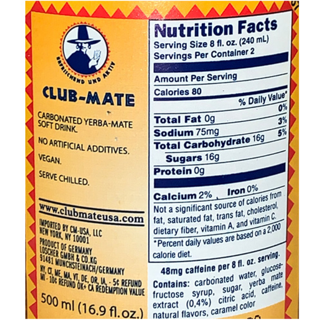 Club Mate Energy Soft Drink with Yerba Mate Tea, 9 bottles, 16.9 oz per bottle