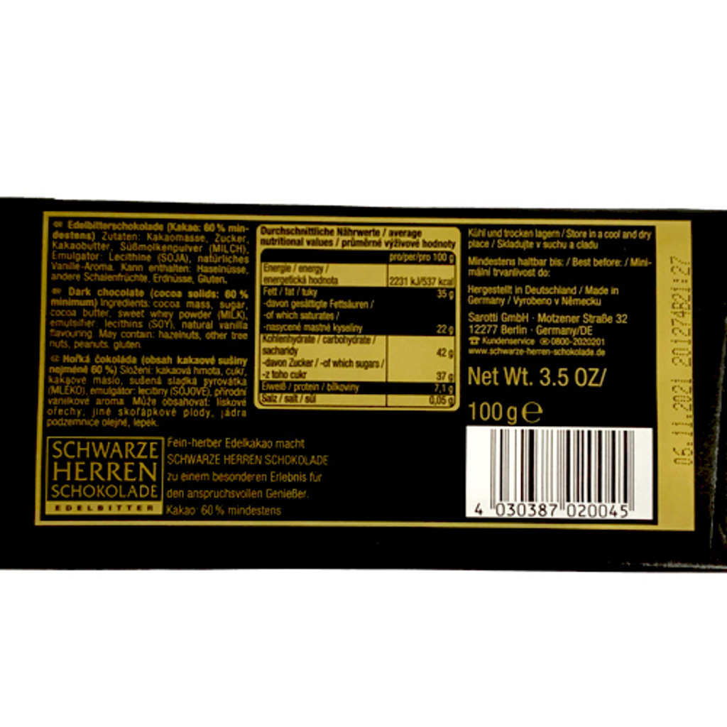 Sarotti "For Gentlemen" Premium Bittersweet Chocolate Bar, 3.5 oz