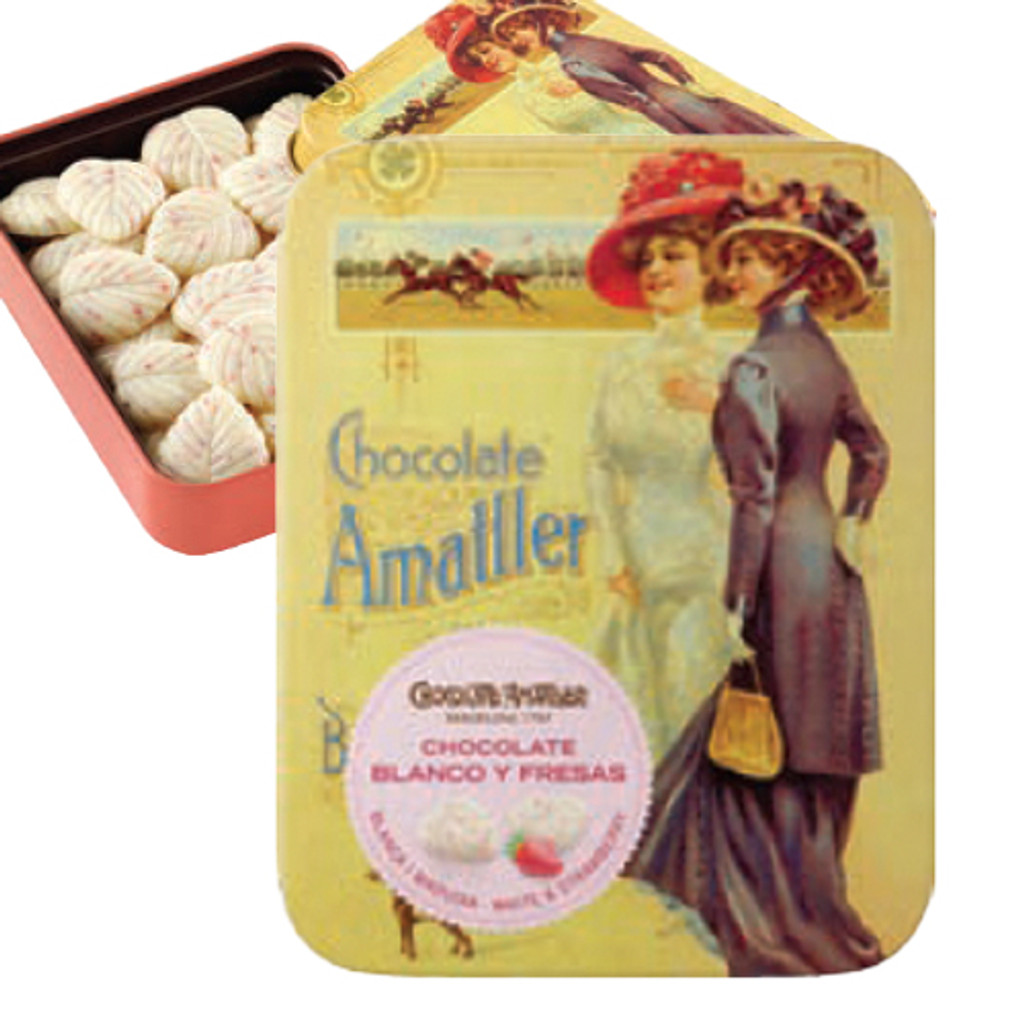 Chocolate Amatller White Strawberry Chocolate Leaves in Art Deco Gift TIn, 2.1 oz