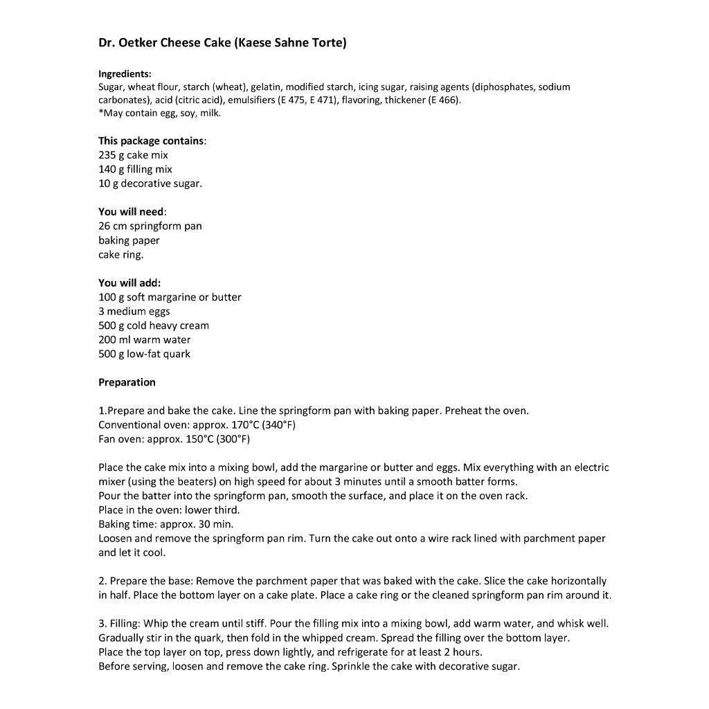 Dr. Oetker German "Kaese-Sahne" Cheese Cake Baking Mix, 13.6 oz