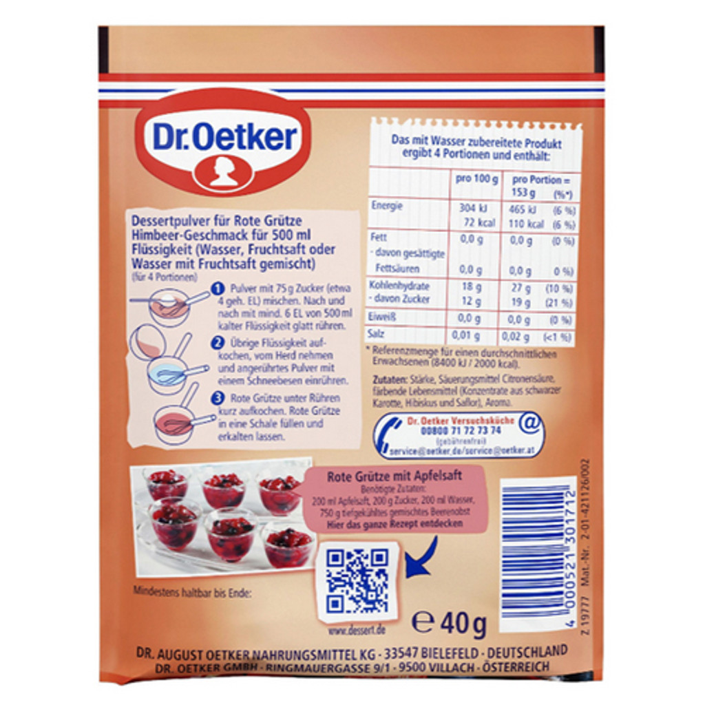 Dr. Oetker "Rote Grütze" Raspberry Red Fruit Jelly Dessert, 1.4 oz, 3-pack