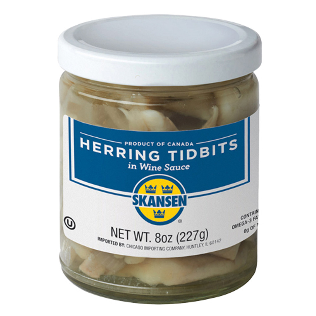 Skansen Matjes Herring Tid Bits in Wine Sauce jar, 6oz