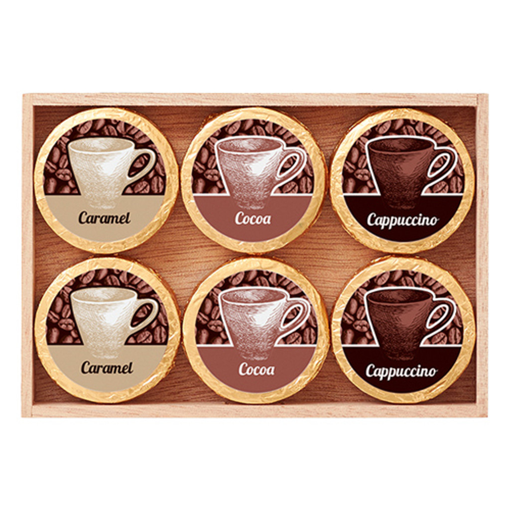 Dreimeister Chocolate Coins "Pair with Coffee" in Wood Box, 12 pc.