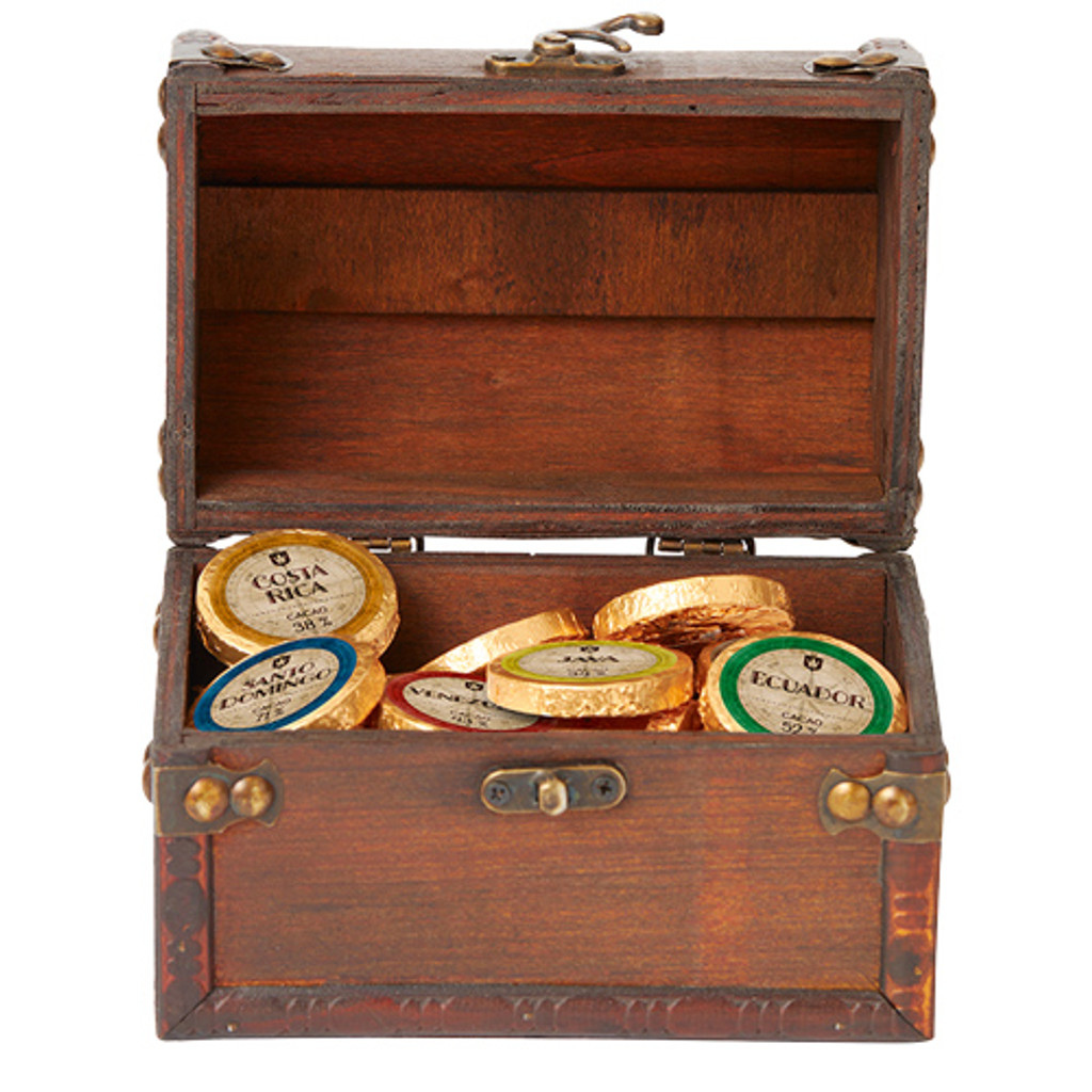 Dreimeister Chocolate Coins  in Wood Treasure Chest, 36 pc.