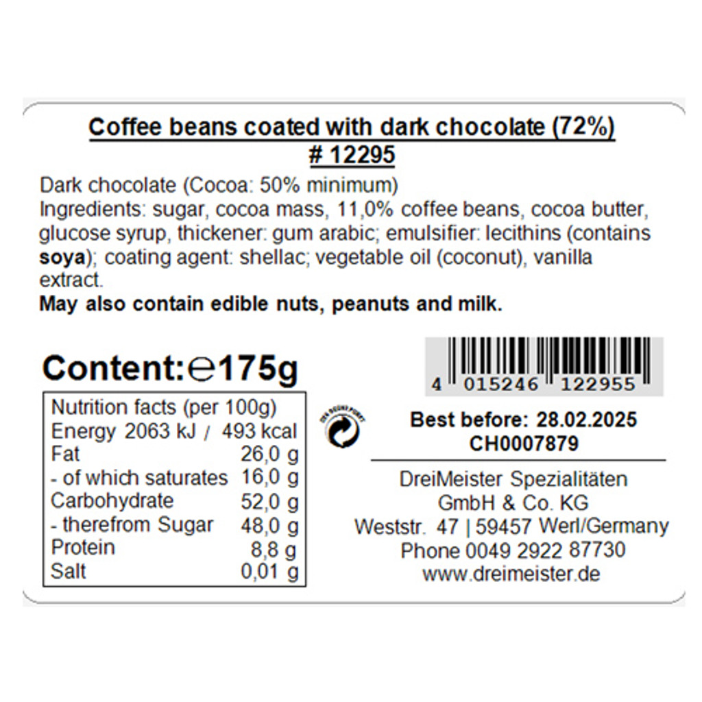 Dreimeister Dark Chocolate Coated Coffee Beans in bag, 10.9 oz
