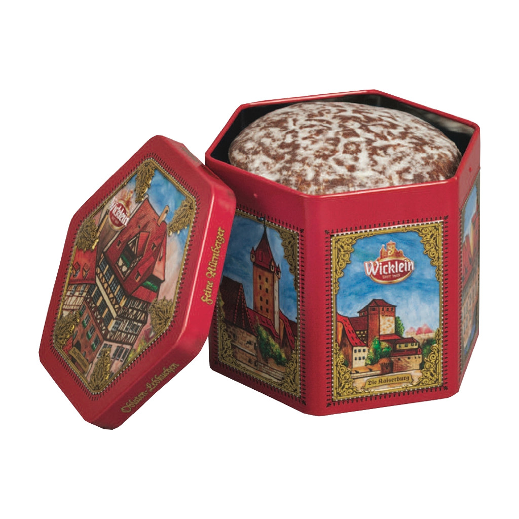 Wicklein Red Hex Tin with assorted Oblaten Lebkuchen - 14%. Nuts