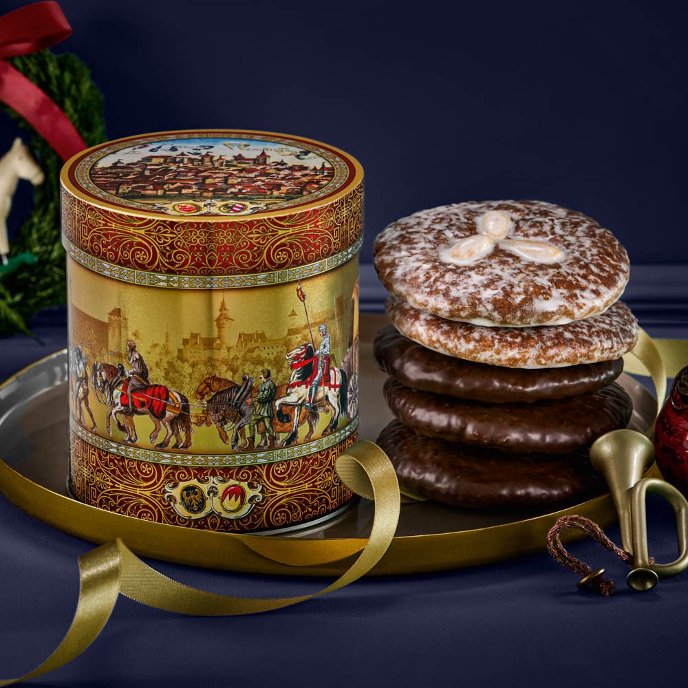 Lebkuchen Schmidt "Festive Procession" Green  Round Gift Tin, Assorted Lebkuchen