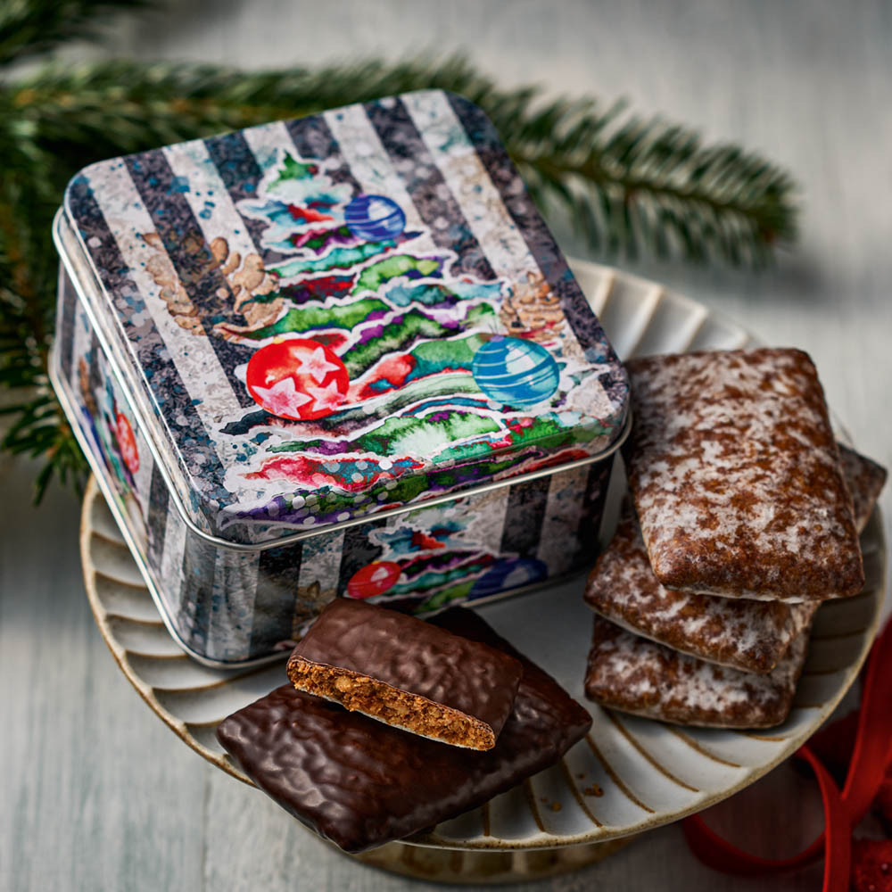 Lebkuchen Schmidt "Christmas Tree" Blue-White Square Tin, Assorted Lebkuchen