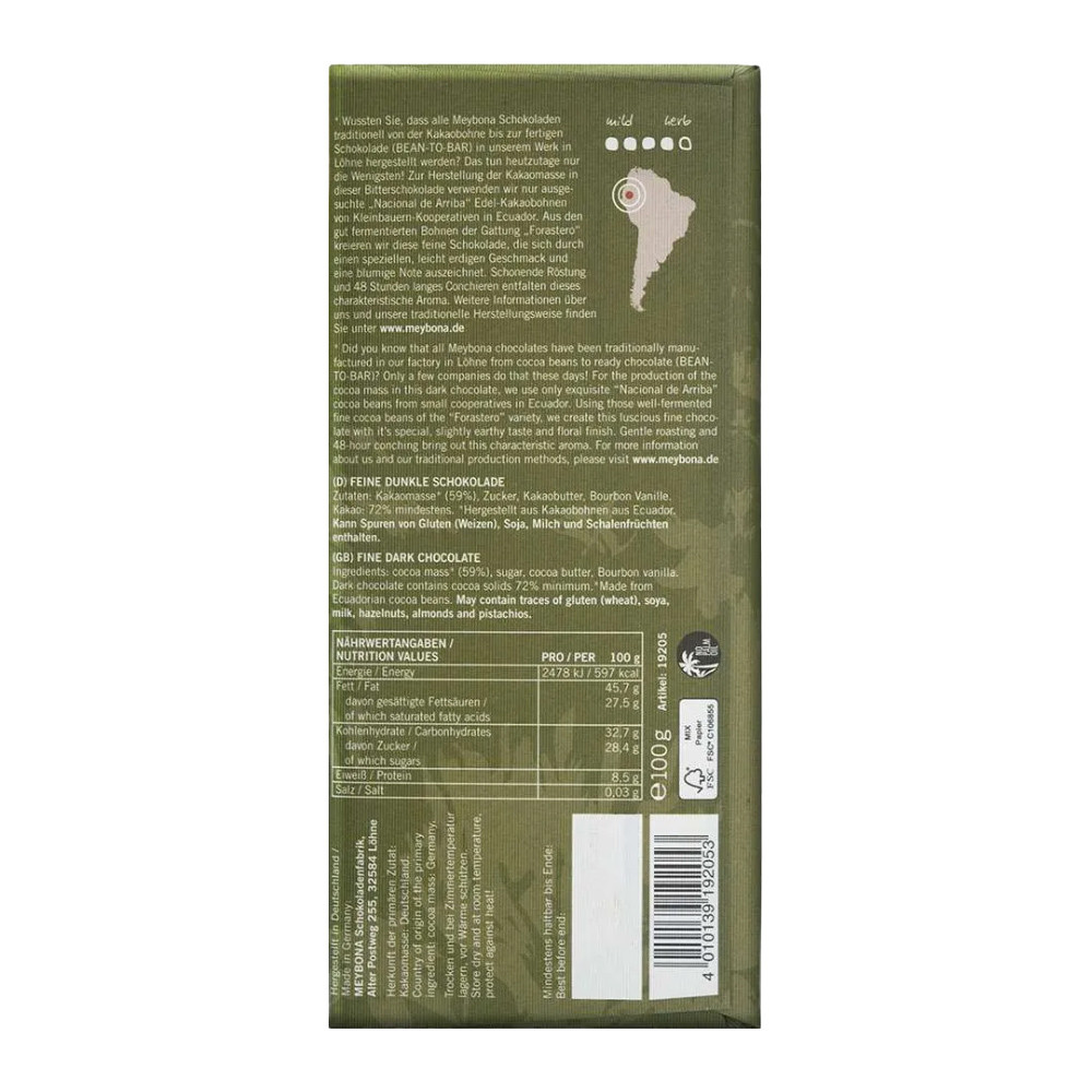 Meybona Equadorian "Nacional de Arriba" Artisanal Chocolate Bar, 72% Cocoa,100g