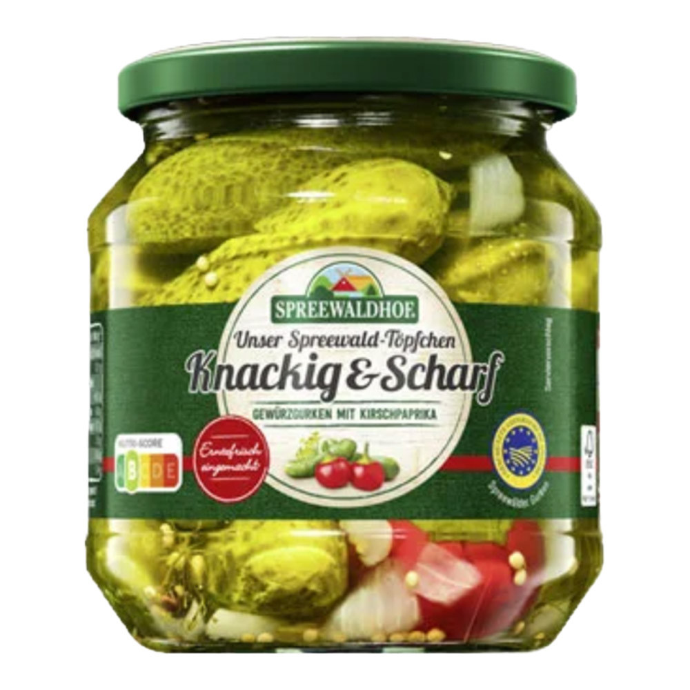 Spreewaldhof "Crunchy Spicy" Authentic Spreewald Gherkins with Cherry Peppersin Jar, 530g