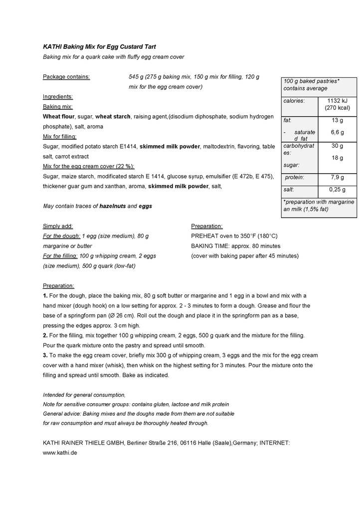 Kathi "Eierschecke" Quark Cheese Cake with Custard Topping, Baking Mix Kit, 545g - DEAL