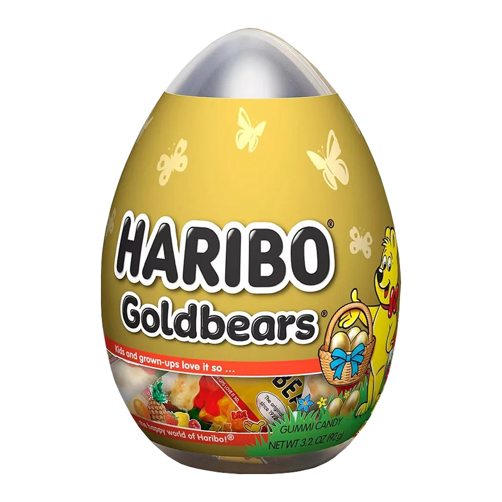 Haribo Mini Gold Bears Gummies in bags, egg-shaped tub