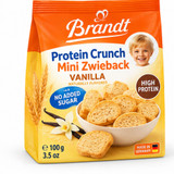 Brandt Protein Crunch Vanilla Mini Zwieback package with double-baked German wheat bites, vanilla-flavored coating and no added sugar.