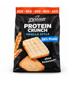 Brandt Protein Crunch Vanilla Mini Zwieback package with double-baked German wheat bites, vanilla-flavored coating and no added sugar.