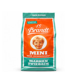 Carl Brandt Crunch Mini Zwieback No Added Sugar package containing crispy German wheat rusks with 14 g protein per 100 g.