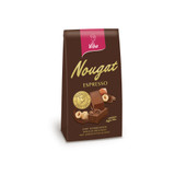 Viba Espresso Nougat 100 g brown German bag with hazelnut nougat pralines, roasted coffee beans and chocolate illustrations.