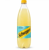 Schweppes Bitter Lemon 1.5-liter European soda bottle with yellow cap, turquoise label and pale yellow carbonated lemon drink.