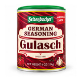 Seitenbacher German Gulasch Seasoning 4 oz container with red striped label and green lid.