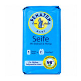 Penaten Baby Soap 90 g blue package with baby oil and honey, 98% naturally derived ingredients and Penaten Baby logo.