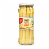 Gut & Günstig whole peeled white asparagus spears in a 370 ml glass jar with EDEKA label.