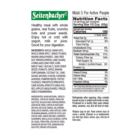 Seitenbacher # 3 For Active People All Natural Muesli Cereal  with Tropical Fruits, 16 oz