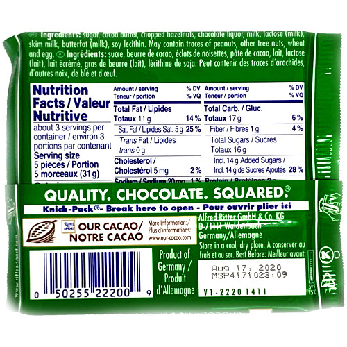 Ritter Milk Chocolate with Hazelnuts Nutrition Facts