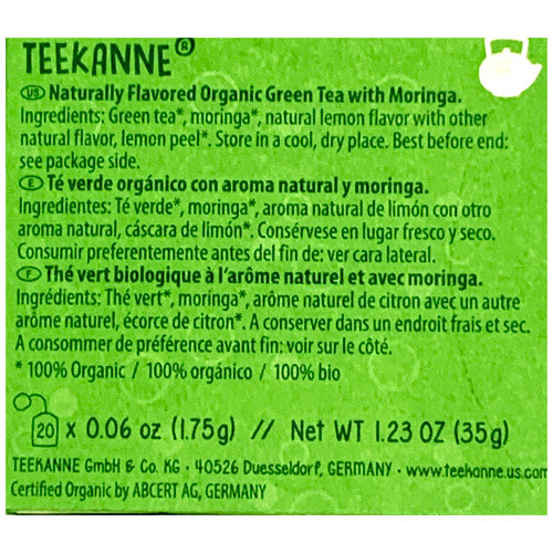 Teekanne Organic Green Tea Mix "Swinging Green," with Moringa and Lemon, 20 bags