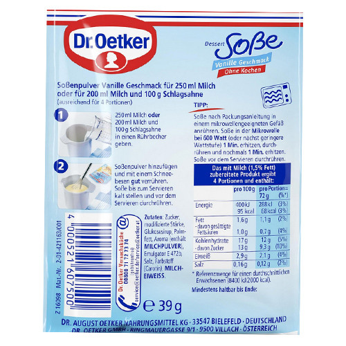 Dr. Oetker No Cook Dessert Vanilla Sauce, "Ohne Kochen", 1.4 oz.